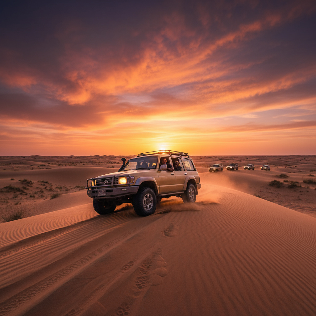 4x4 vehicle on desert dunes at sunset