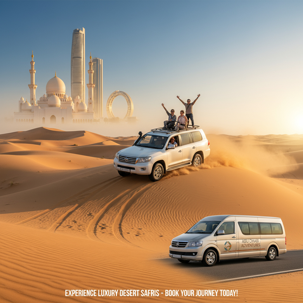Desert safari and Abu Dhabi city landmarks collage